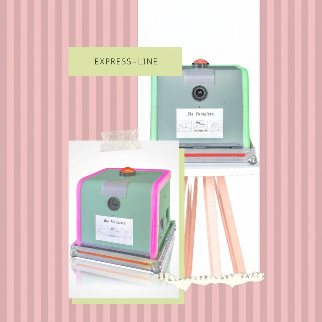 Express-Line kompakte Fotokiste in Mintgrün mit leuchtenden LED-Kanten und rotem Auslöser auf einem runden weißen Tisch, vor einem rosa-weiß gestreiften Hintergrund mit grünem EXPRESS-LINE-Schriftzug und Bedienungsaufkleber
