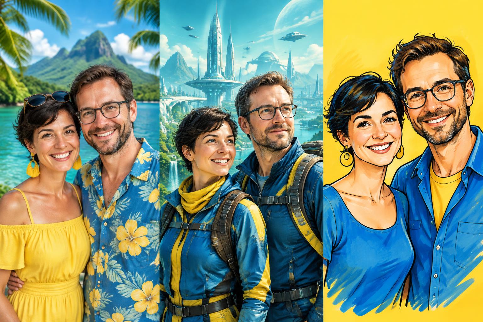 KI-Illustration: ein Paar in einer tropischen Umgebung, einer futuristischen Filmwelt und als Karikatur